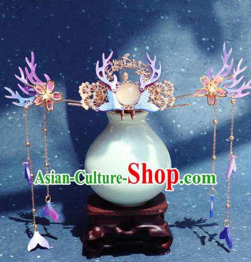 Traditional Chinese Hanfu Purple Antler Hair Crown Ancient Court Princess Hairpins Hair Accessories for Kids