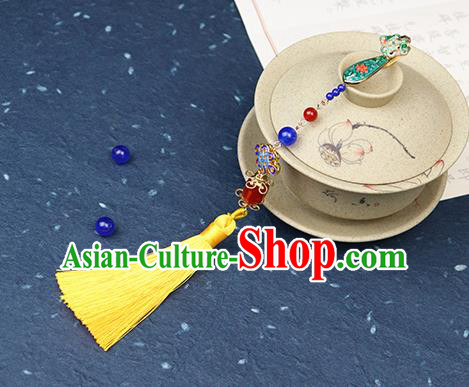 Traditional Chinese Handmade Yellow Tassel Blueing Brooch Hanfu Breastpin Jewelry Accessories for Women