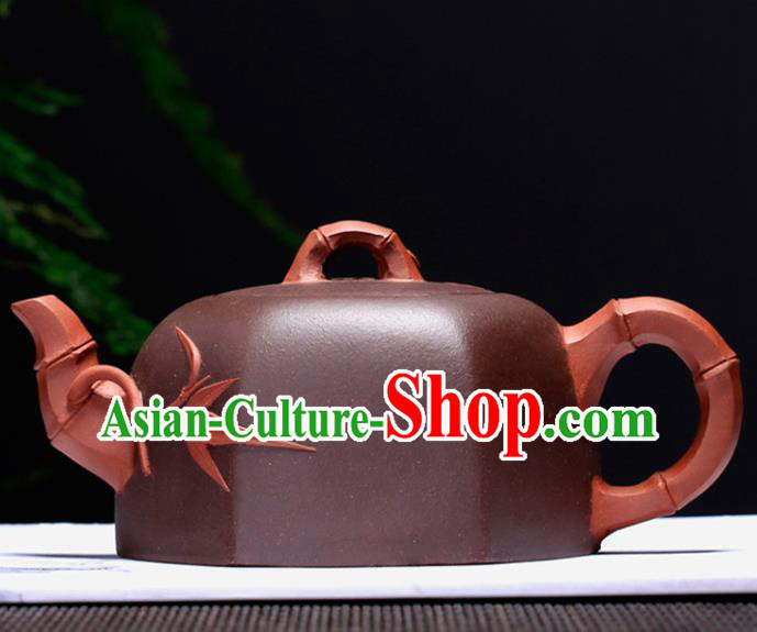 Traditional Chinese Handmade Carving Bamboo Zisha Teapot Dark Red Clay Pottery Teapot