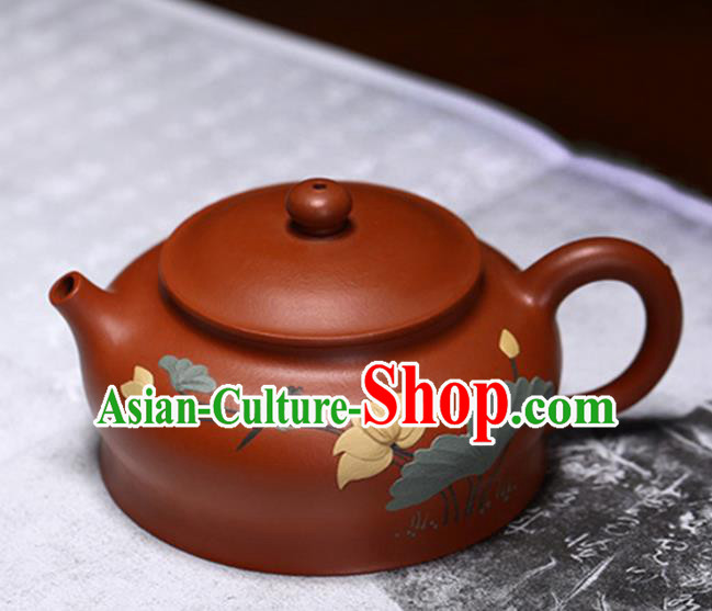 Traditional Chinese Handmade Painting Lotus Zisha Teapot Dark Red Clay Pottery Teapot