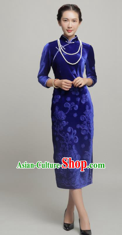 Chinese Traditional Classical Royalblue Velvet Cheongsam National Tang Suit Qipao Dress for Women