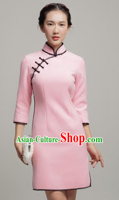 Chinese Traditional Classical Pink Short Cheongsam National Tang Suit Qipao Dress for Women