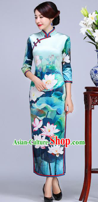 Chinese Traditional Classical Printing Lotus Green Cheongsam National Tang Suit Qipao Dress for Women