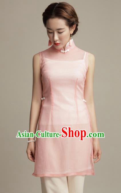 Chinese Traditional Tang Suit Pink Silk Blouse Classical National Shirt Upper Outer Garment for Women