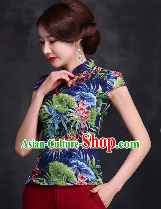 Chinese Traditional Tang Suit Printing Blue Blouse Classical National Shirt Upper Outer Garment for Women