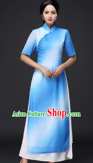 Chinese Traditional Classical Dance Blue Cheongsam National Costume Tang Suit Qipao Dress for Women