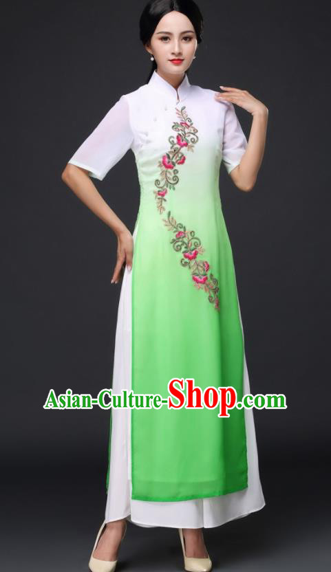 Traditional Chinese Classical Dance Green Cheongsam National Costume Tang Suit Qipao Dress for Women