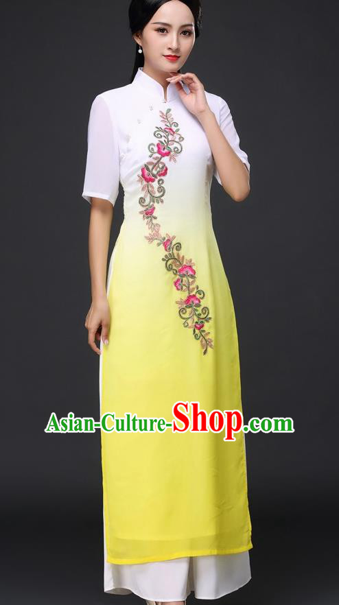 Traditional Chinese Classical Dance Yellow Cheongsam National Costume Tang Suit Qipao Dress for Women