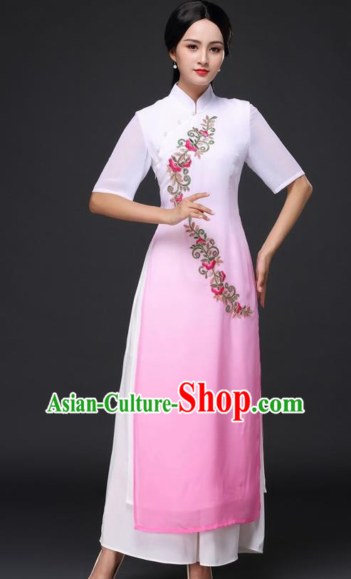 Traditional Chinese Classical Dance Pink Cheongsam National Costume Tang Suit Qipao Dress for Women