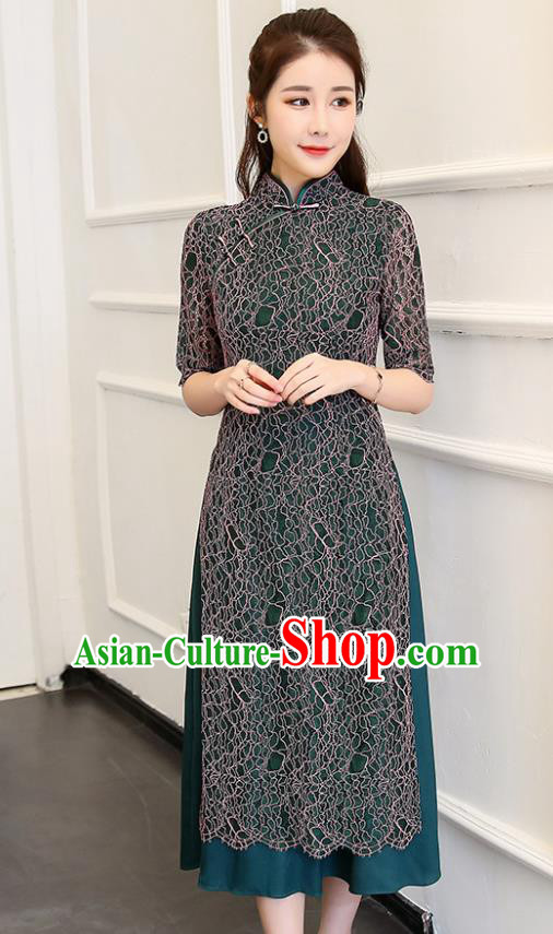 Traditional Chinese Classical Dance Peacock Green Cheongsam National Costume Tang Suit Qipao Dress for Women