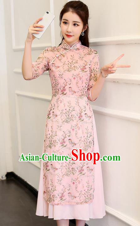 Traditional Chinese Classical Dance Pink Cheongsam National Costume Tang Suit Qipao Dress for Women