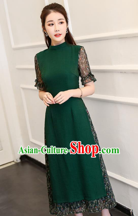 Traditional Chinese Classical Deep Green Cheongsam National Costume Tang Suit Qipao Dress for Women