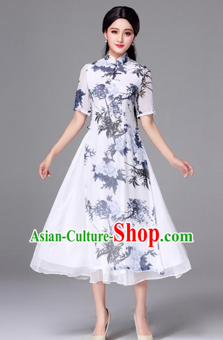 Traditional Chinese Classical Printing Bamboo Cheongsam National Costume Tang Suit Qipao Dress for Women