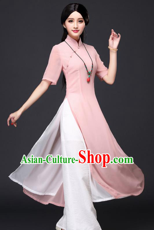 Traditional Chinese Classical Pink Veil Cheongsam National Costume Tang Suit Qipao Dress for Women