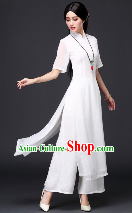 Traditional Chinese Classical White Veil Cheongsam National Costume Tang Suit Qipao Dress for Women