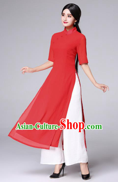 Traditional Chinese Classical Red Veil Cheongsam National Costume Tang Suit Qipao Dress for Women