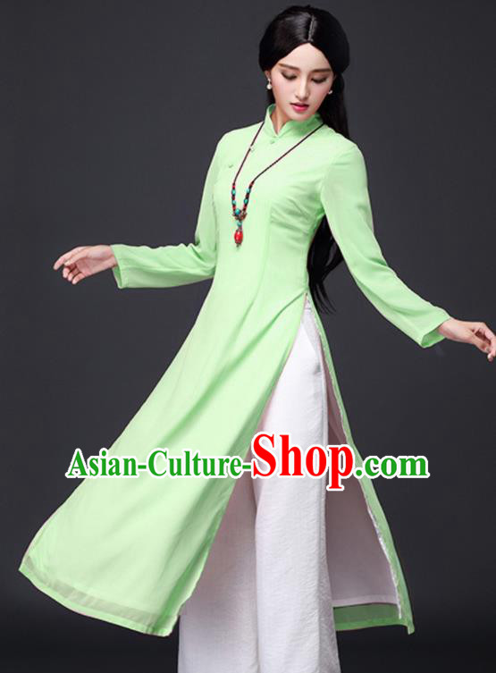 Traditional Chinese Classical Green Veil Cheongsam National Costume Tang Suit Qipao Dress for Women