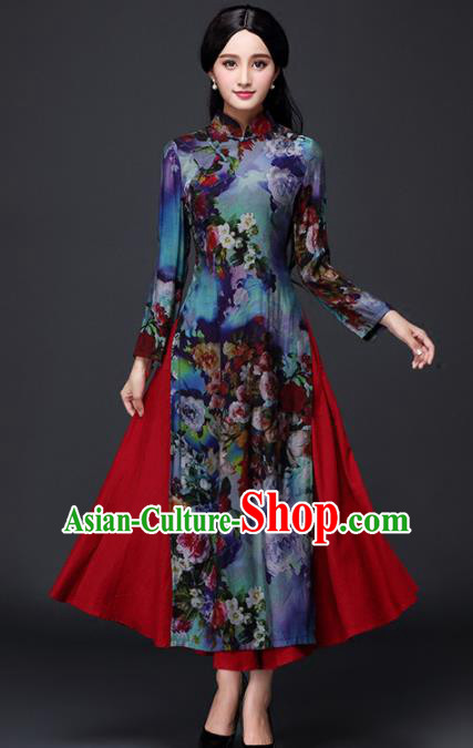 Traditional Chinese Classical Printing Peony Cheongsam National Costume Tang Suit Qipao Dress for Women
