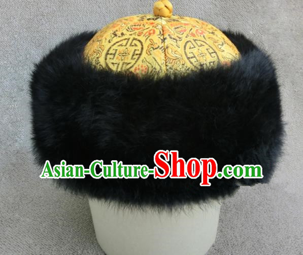 Chinese Ancient Drama Emperor Winter Hat Traditional Qing Dynasty Royal Highness Headwear for Men