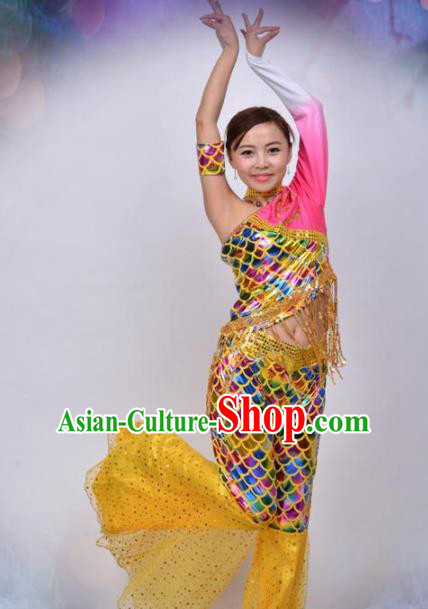 Traditional Chinese Dai Nationality Dance Yellow Costume Ethnic Peacock Dance Stage Show Dress for Women