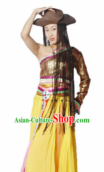 Traditional Chinese Zang Nationality Yellow Dress Tibetan Ethnic Dance Stage Show Costume for Women