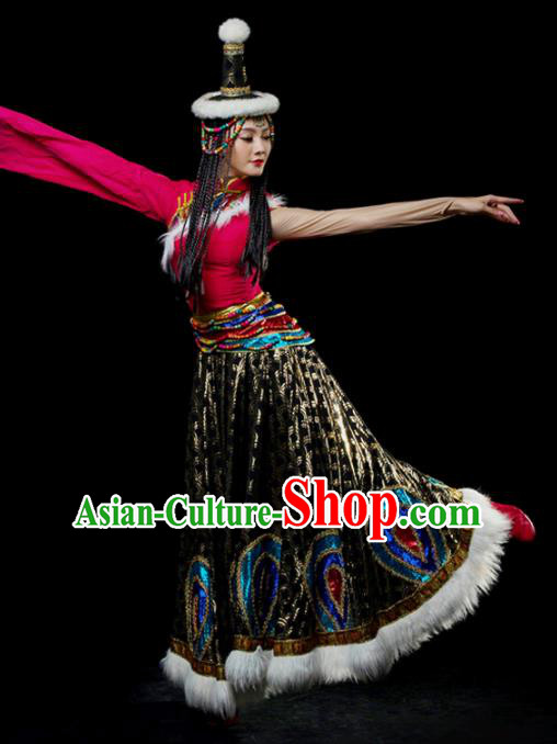 Traditional Chinese Zang Nationality Tangola Dance Dress Tibetan Ethnic Dance Stage Show Costume for Women