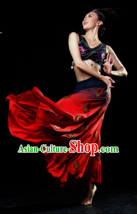 Traditional Chinese Dai Nationality Dance Red Dress Ethnic Peacock Dance Stage Show Costume for Women