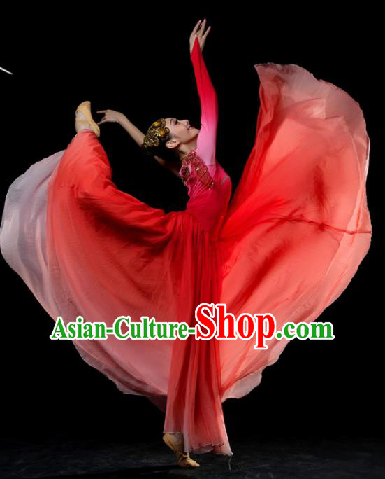 Traditional Chinese Classical Dance Red Costumes Umbrella Dance Stage Show Dress for Women