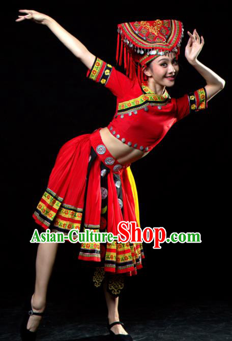 Traditional Chinese Yao Nationality Dance Red Dress Ethnic Dance Stage Show Costume for Women