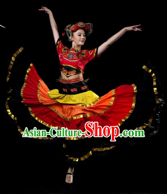 Traditional Chinese Yi Nationality Dance Red Dress Ethnic Dance Stage Show Costume for Women