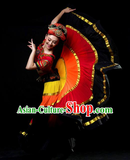 Traditional Chinese Yi Nationality Dance Red Dress Ethnic Dance Stage Show Costume for Women