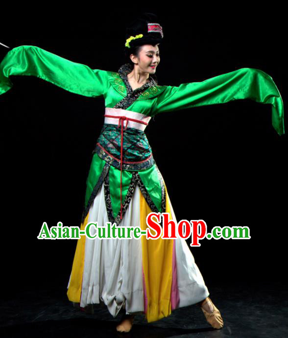 Traditional Chinese Classical Dance Ta Ge Green Costumes Umbrella Dance Stage Show Dress for Women