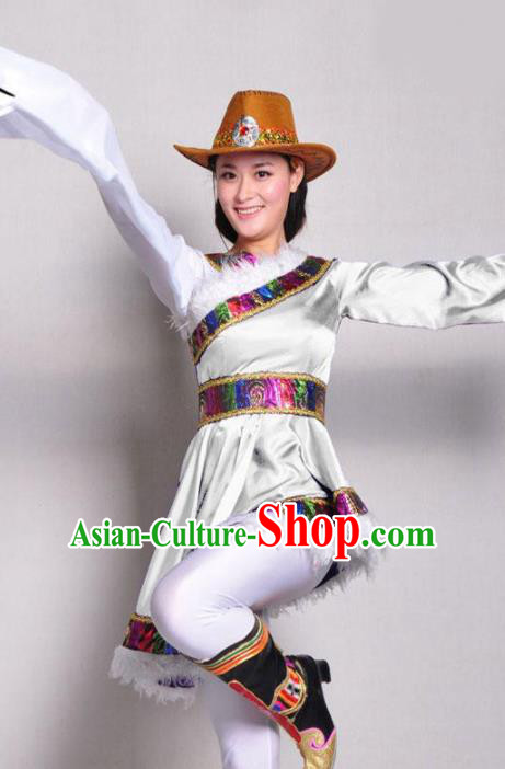 Traditional Chinese Zang Nationality White Costume Tibetan Ethnic Dance Stage Show Dress for Women