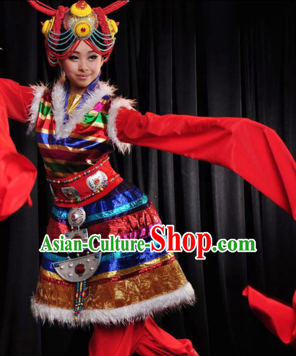 Traditional Chinese Zang Nationality Red Costume Tibetan Ethnic Dance Stage Show Dress for Women