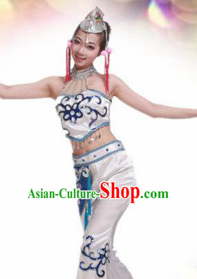 Traditional Chinese Yi Nationality Dance White Costume Ethnic Stage Show Dress for Women