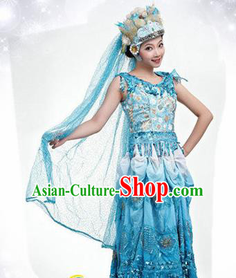 Traditional Chinese Classical Dance Blue Costume Opening Dance Stage Show Dress for Women