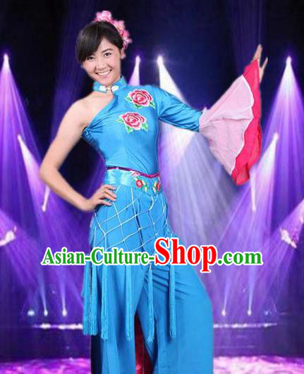 Traditional Chinese Folk Dance Blue Costume Fan Dance Stage Show Dress for Women