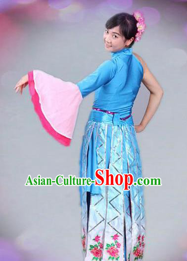 Traditional Chinese Folk Dance Blue Costume Fan Dance Stage Show Dress for Women