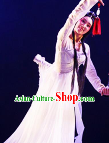 Traditional Chinese Classical Dance Yan Hua Yi Leng Costumes Umbrella Dance Stage Show White Dress for Women