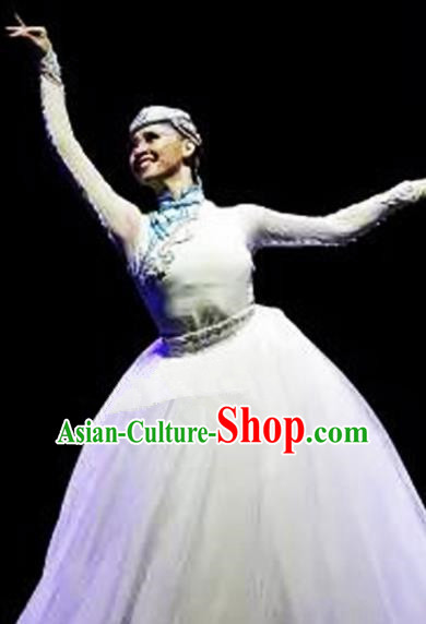 Traditional Chinese Mongol Nationality Dance White Dress Ethnic Mongolian Stage Show Costume for Women