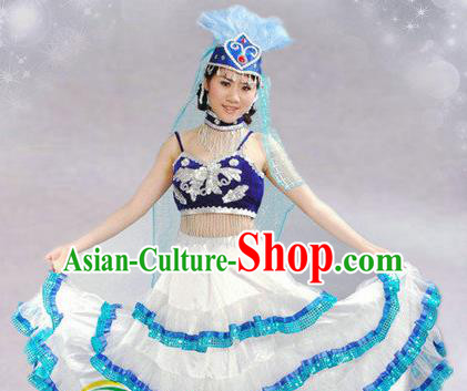 Traditional Chinese Kazak Nationality Dance Costume Ethnic Dance Stage Show White Dress for Women