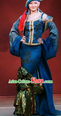 Traditional Chinese Mongol Nationality Blue Costume Mongolian Ethnic Stage Show Dress for Women