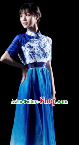 Chinese Classical Dance Chorus Costume Traditional Stage Show Fan Dance Royalblue Dress for Women