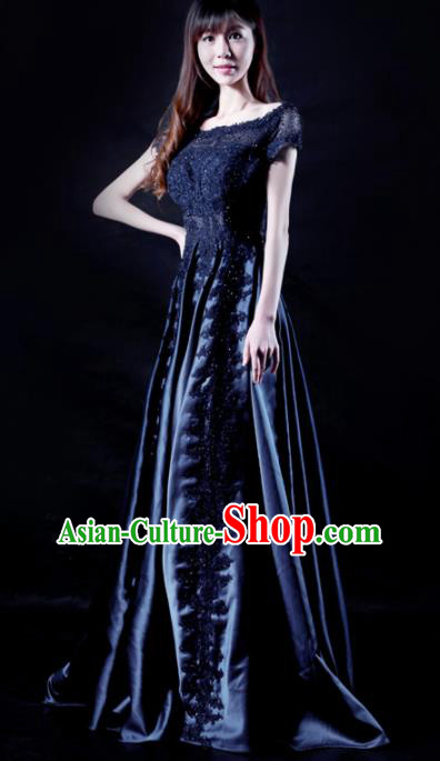 Chinese Chorus Competition Costume Traditional Stage Show Dance Navy Dress for Women