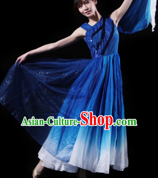 Chinese Chorus Competition Costume Traditional Stage Show Dance Deep Blue Dress for Women