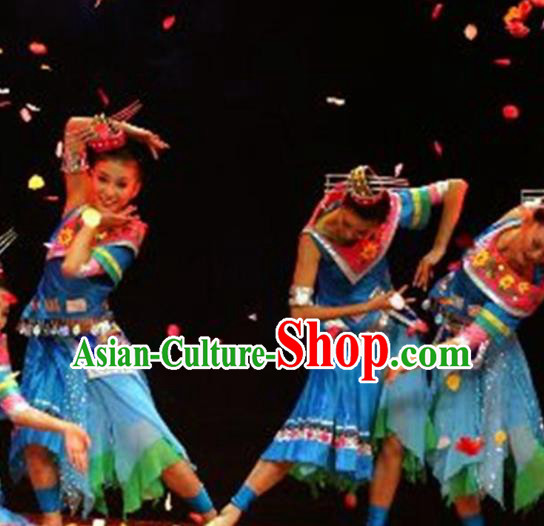 Traditional Chinese Miao Nationality Dance Costume Ethnic Stage Show Blue Dress for Women