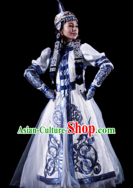 Traditional Chinese Mongol Nationality White Costume Mongolian Ethnic Dance Stage Show Dress for Women