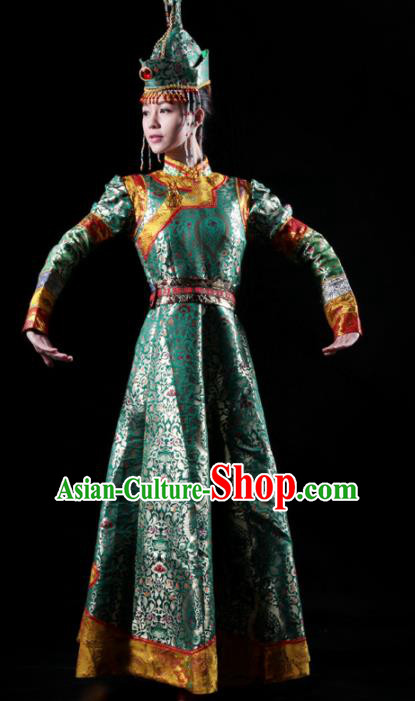 Traditional Chinese Mongolian Nationality Green Costume Mongol Ethnic Dance Stage Show Dress for Women