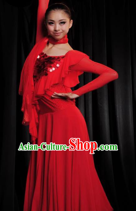 Professional Modern Dance Costume Ballroom Dance Waltz Stage Show Red Dress for Women