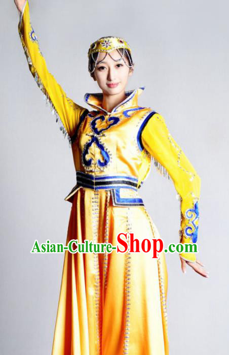 Traditional Chinese Mongolian Nationality Yellow Costume Mongol Ethnic Dance Stage Show Dress for Women